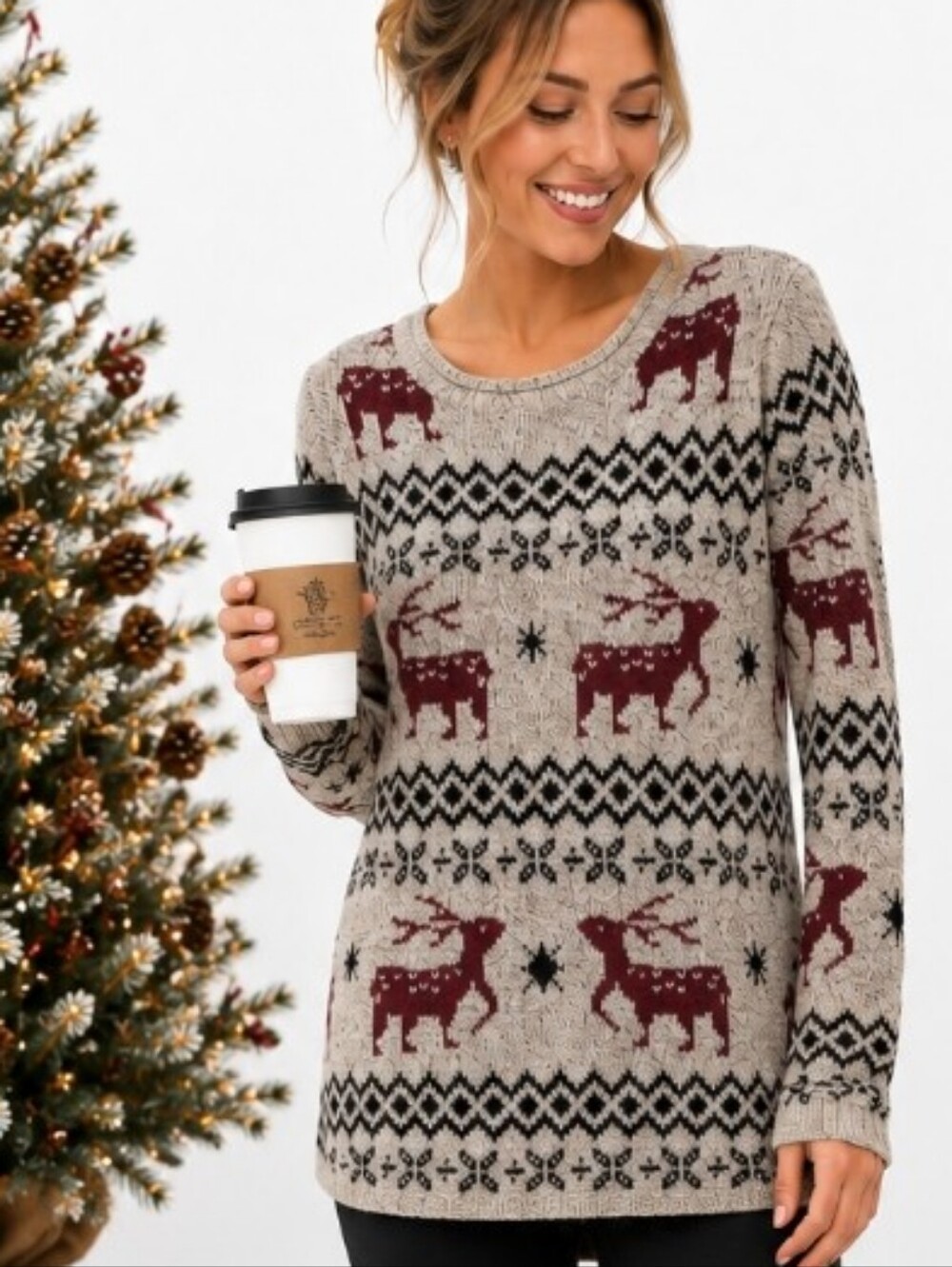 Shineflow Reindeer Fair Isle Tunic Small Sweater Beige Burgundy Nordic Winter